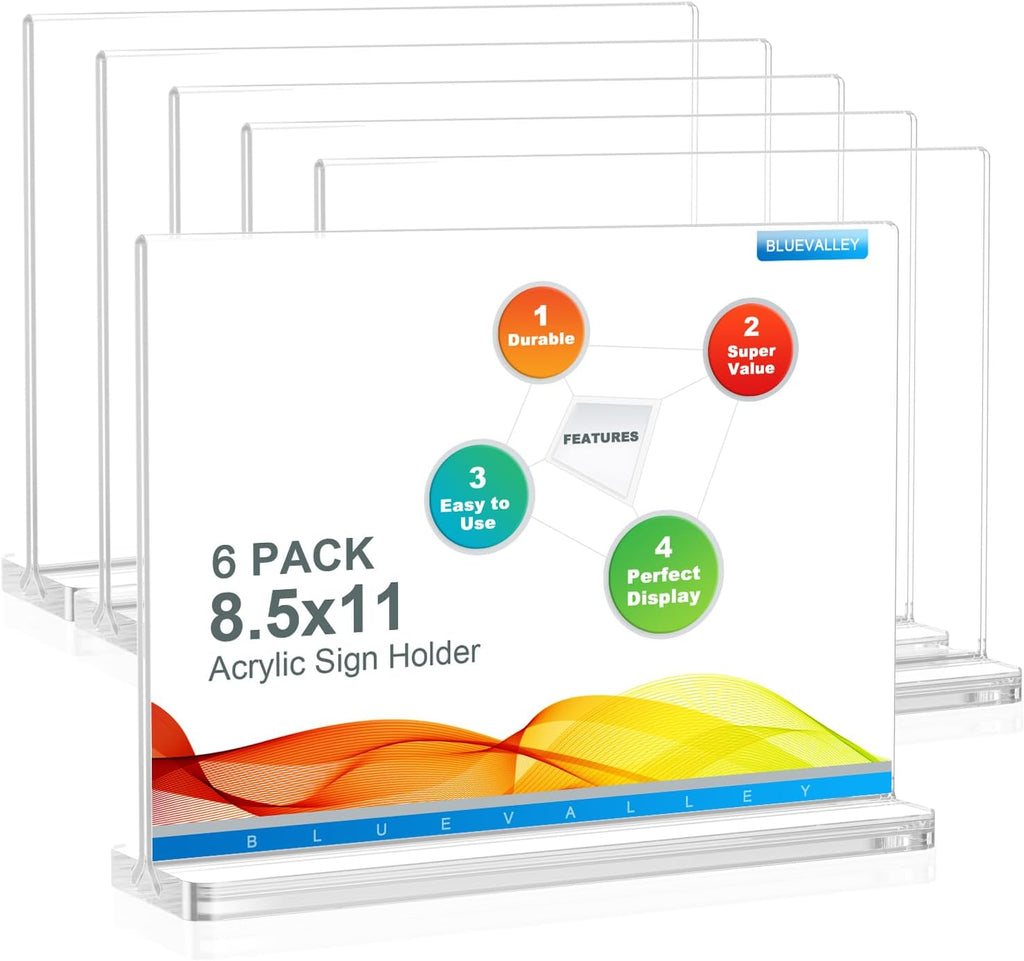 Clear Plastic Flyer Sign Holder 8.5 X 11 Standing, Horizontal Table Top Acrylic Brochure Menu Signs Holder, Double Sided Plexi Picture Photo Frame Lucite Paper Display Stand for Office Retail Vendor Show Fairs