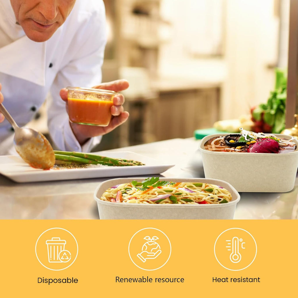 50 Pack 32 OZ Large Paper Bowls with Lids, Heavy Duty Disposable Compostable Container for Party, Disposable Bowls Bulk Soak-Proof and Microwave Safe for Hot/Cold Use(32Oz-50Pack)