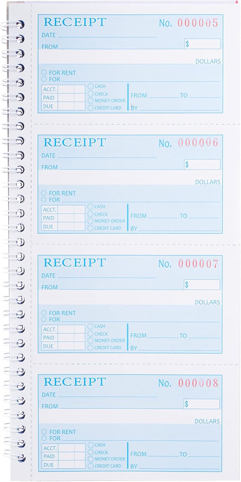 Receipt Book with Carbon Copies,Money and Rent Receipt Book,2-Part Carbonless,5.31" X 11.22",Spiral Bound,200 Sets per Book,4 Receipts per Page.