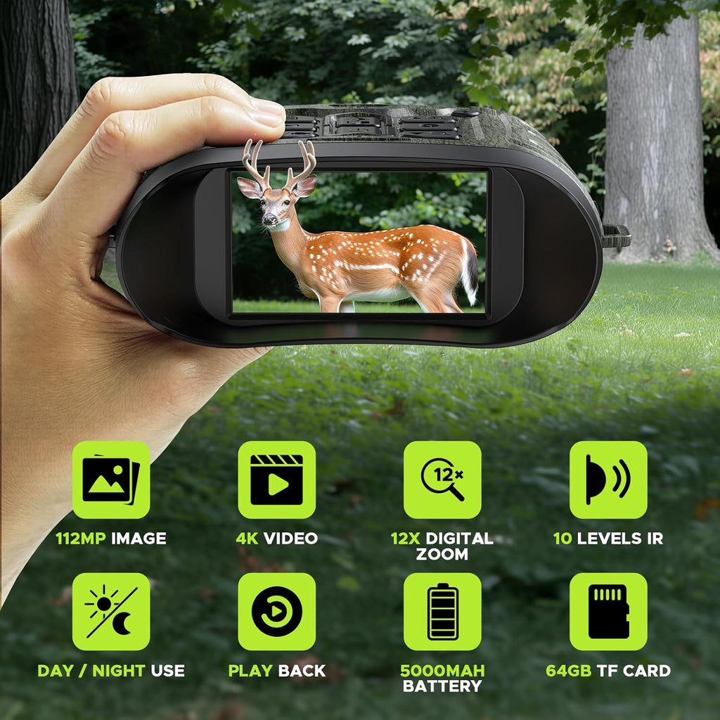 Night Vision Goggles for Adults, 112 MP 4K Night Vision Binoculars 12X Zoom & 5000Mah Battery, 64GB Card Included, Infrared Vision, 1300Ft Range, Perfect for Hunting, Camping & Security
